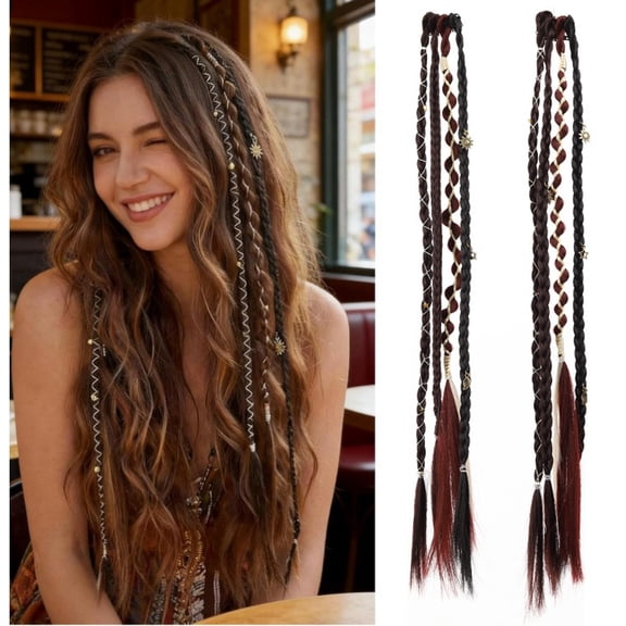 2 count Clip in Braid Hair Extensions for Women, 20" Synthetic Boho Clip in Braid Hairpieces with Beads & Charms, Hand Braid Viking Hair, Easy On and Off