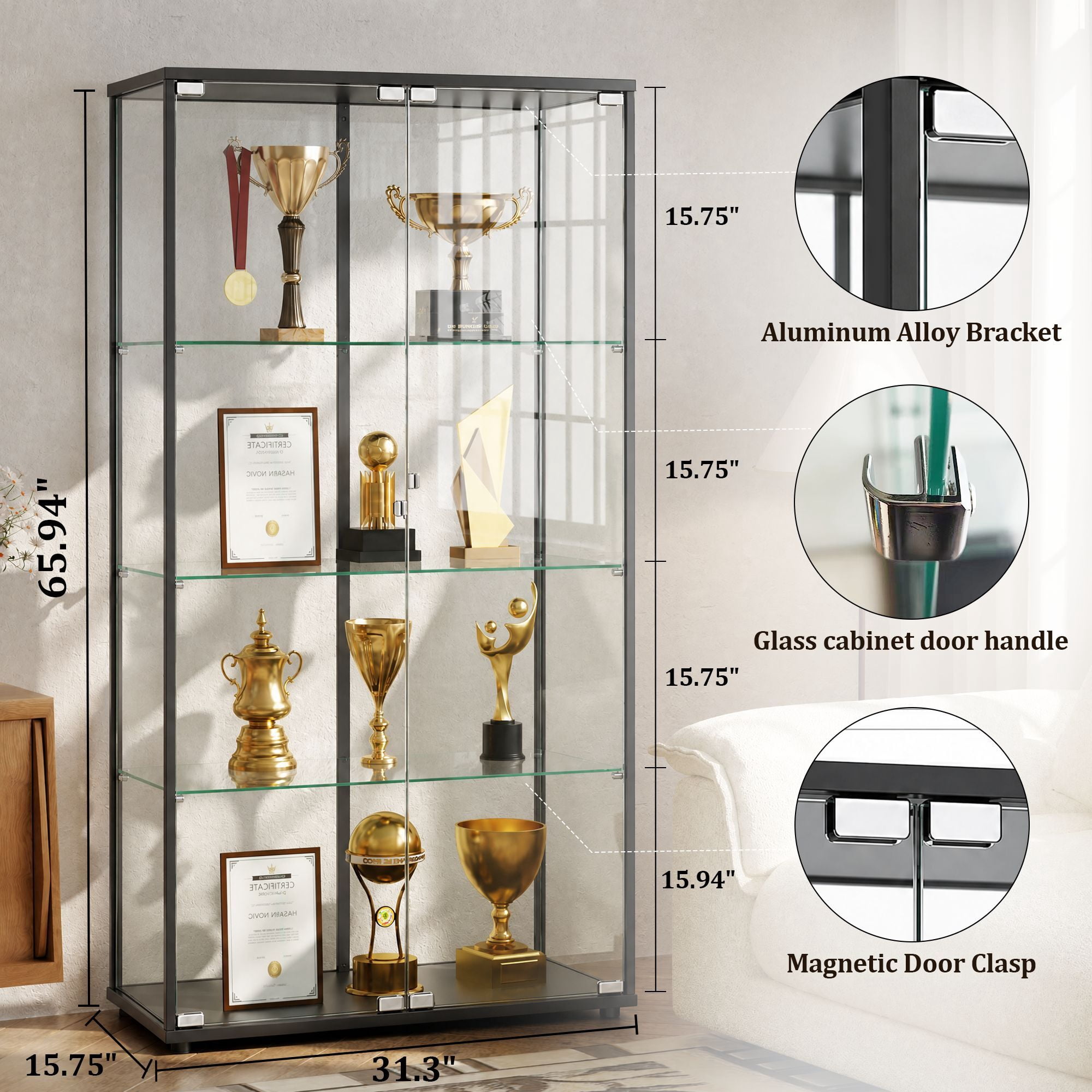 Clarvion 66" Display Cabinet with Glass Door, 4-Tier Tempered Glass Curio Cabinet, Double Door Display Case for Collectibles, Black