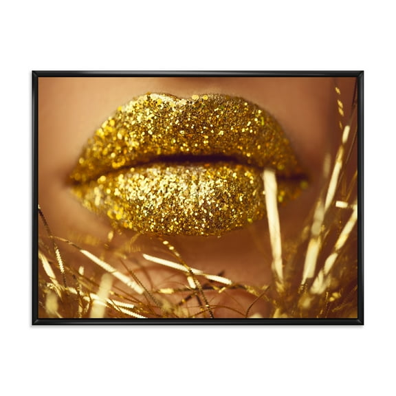 Designart 'Golden Female Lips' Modern Framed Canvas Wall Art Print