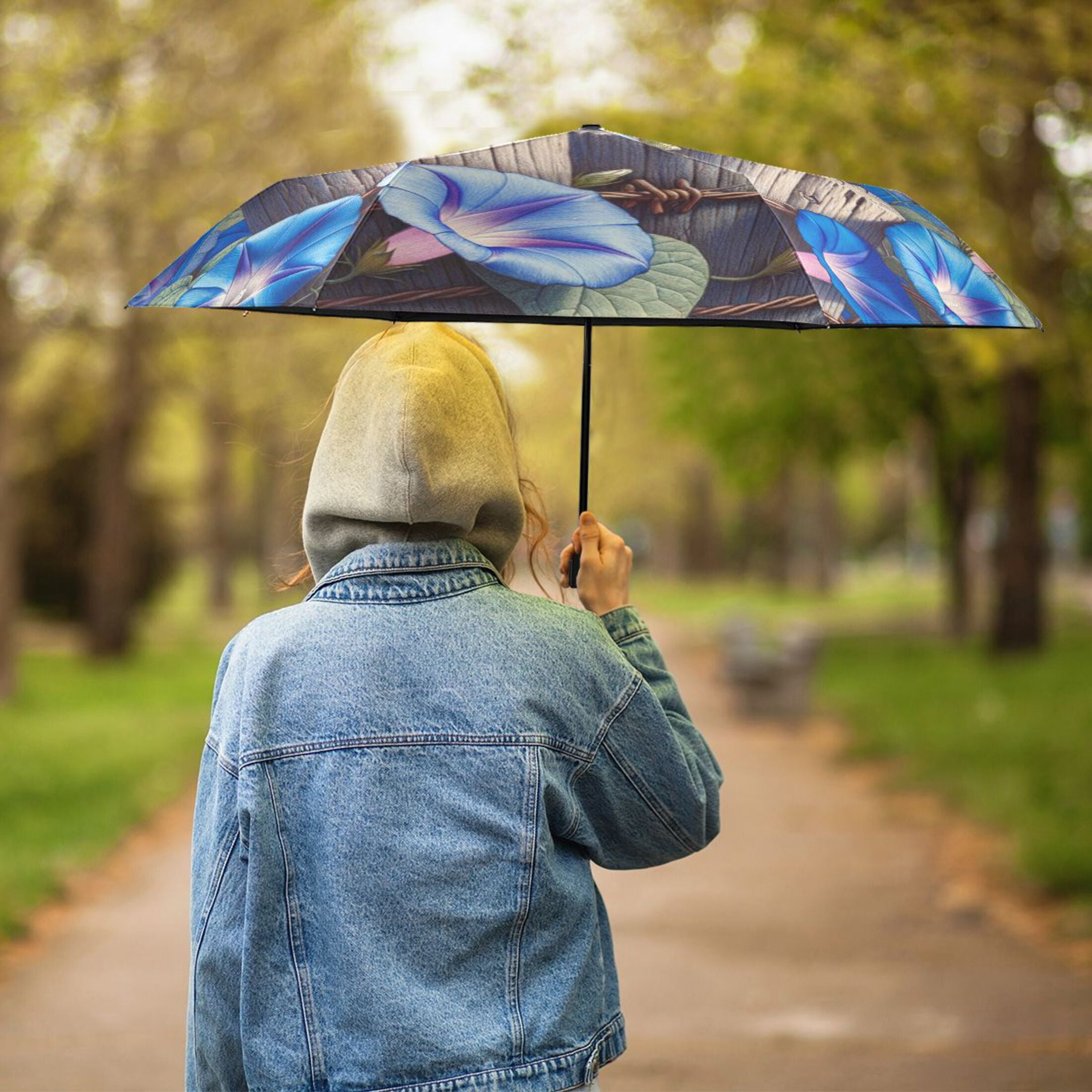 Compact Sun Umbrella Windproof Travel Umbrellas for Rain Strong Portable UV Protection Bluebirds on Wooden Fence and Flower