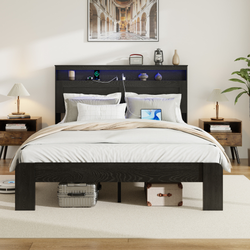 Euroco Wood King Size Platform Bed with Storage Headboard, LED Light and USB Charging Station, Black