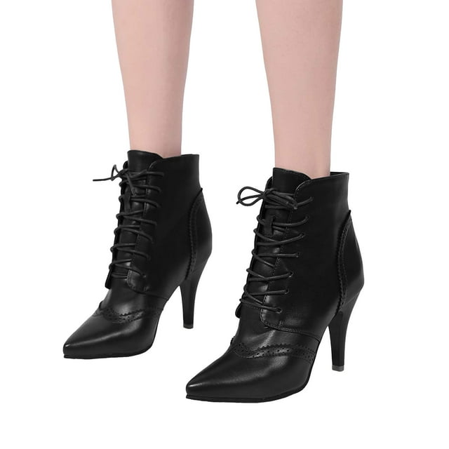 Leozcaa Women's Ankle Boots Stiletto High Heel Pointed Toe Short Lace up Leather Casual Dress Boots