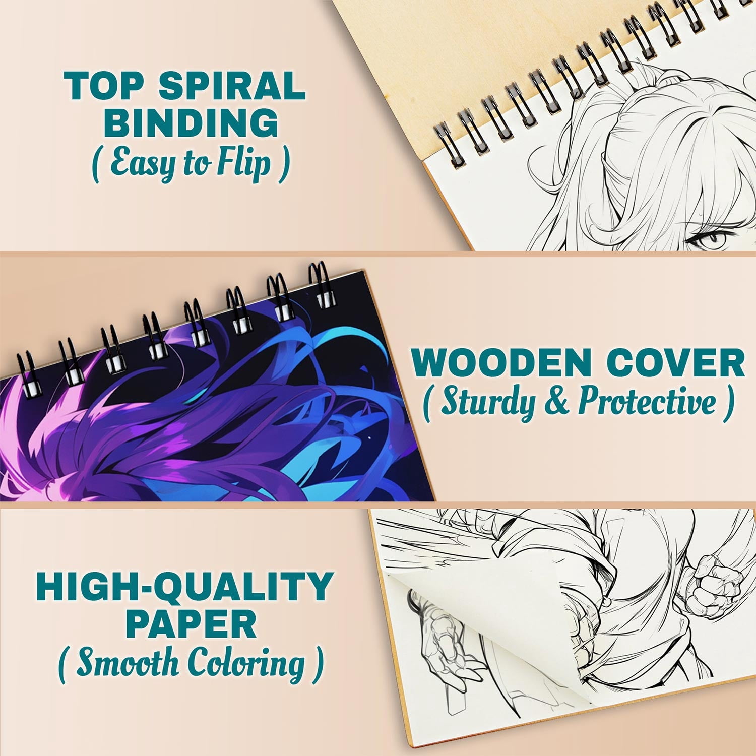 Netecom Anime Heroines Girls Coloring Book Spiral Bound for Adults, A5 Wooden Cover, 30 Delightful Coloring Pages of Warriors in Anime Style for Stress Relief and Relaxation
