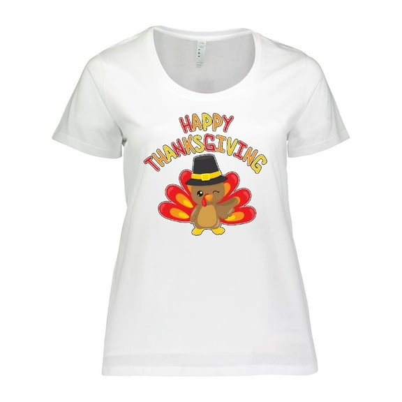Inktastic Happy Thanksgiving Cute Turkey in Pilgrim Hat Women's Plus Size T-Shirt