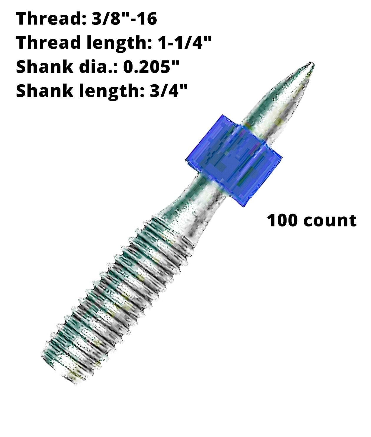 3/8"-16 Ceiling Threaded Studs Thread Fasteners Steel Concrete Fastening Studs for BX EMT Electrical Metallic Tubing Conduit Clips Thread Length 1-1/4", Shank Length 3/4" w/ Rubber Flute, 100/PKG