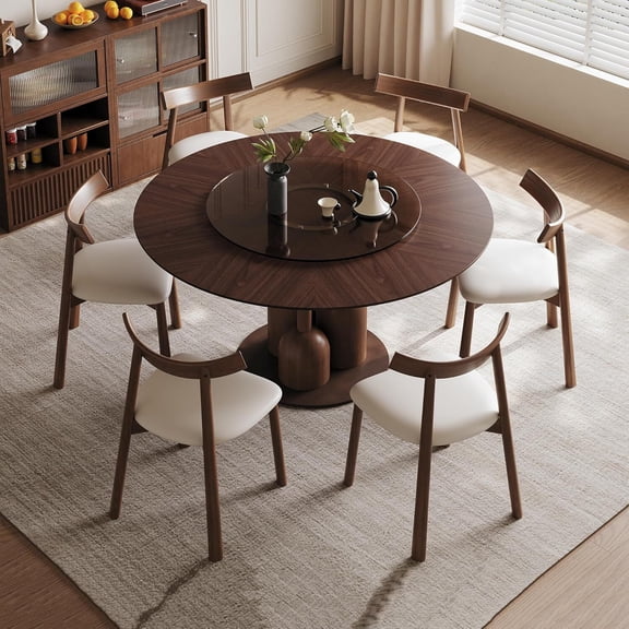 Montary 59-inch Wabi-Sabi Oak Round Dining Table Set with 6 Chairs & 35-inch Floating Glass Lazy Susan, Handcrafted Japanese Style Sculptural Solid Wood Dining Set for Living Room & Restaurant