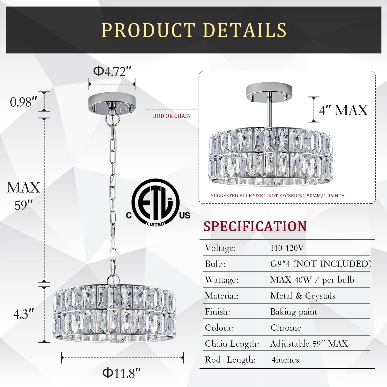 Chrome Crystal Chandeliers, Modern Semi Flush Mount Ceiling Light, Small 4-Ligh Round Crystal Hanging Pendant Light Fixtures,D12” for Dining Room Entryway Kitchen Hallway