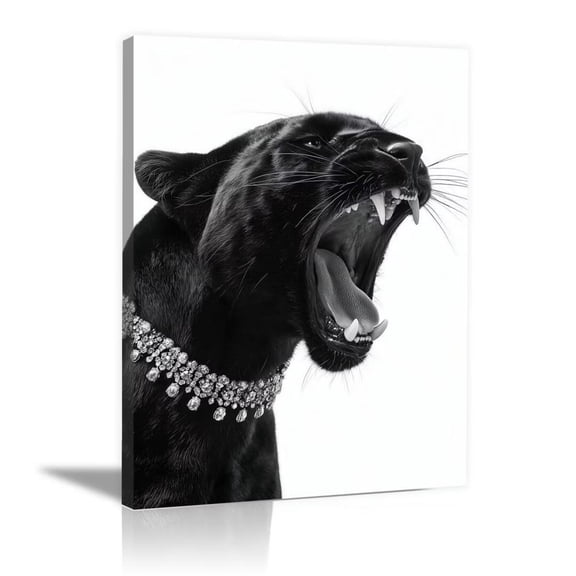 Mudket Roaring Black Panther with Diamond Necklace Canvas Wall Art, Modern Glam Fashion Trendy Wall Art Print for Living Room Bedroom Home Decor, Framed Ready to Hang - 12"L x 8"W