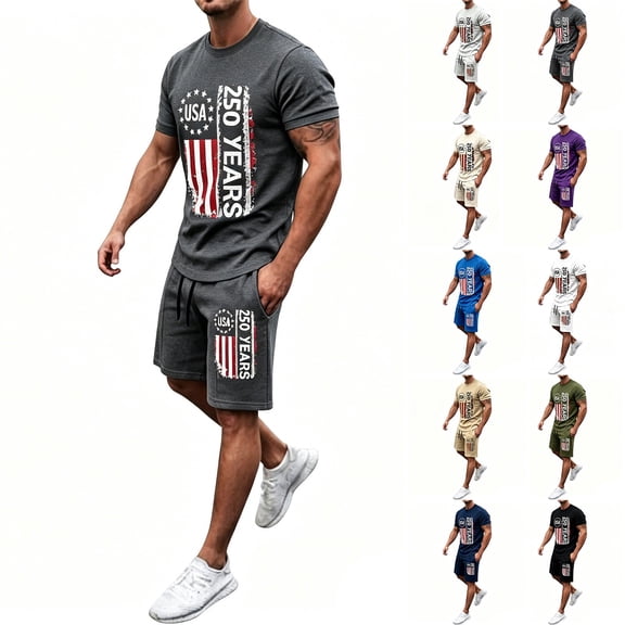 VeFlora Men's 250 Years USA 2 Piece Outfit Set, Patriotic Graphic T-Shirt Drawstring Shorts, 4th of July Summer Casual Wear for Daily, Vacation & Party(Dark Gray/L)
