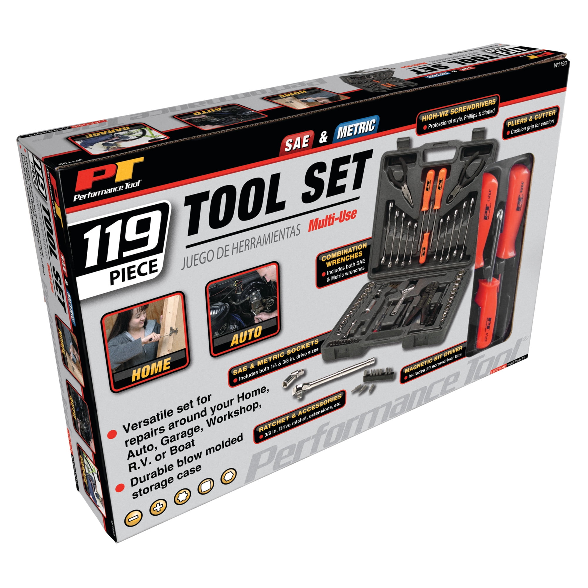 Performance Tool W1193 SAE/Metric Multi-Use Tool Set, General Household Hand Tools, Auto Repair Tool Set, with Plastic Toolbox Storage Case, Gray, 119-Pieces