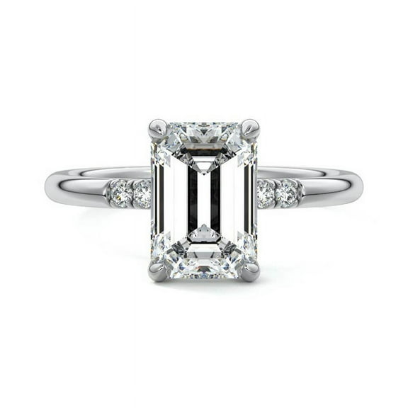 Brig Jewel Emerald Cut 2 Ct Lab Created Simulated Diamond Engagement Ring - 14k White Gold Over Wedding Rings for Her - Hidden Halo Diamond Rings for Women's - Solitaire with Accent Diamond Rings