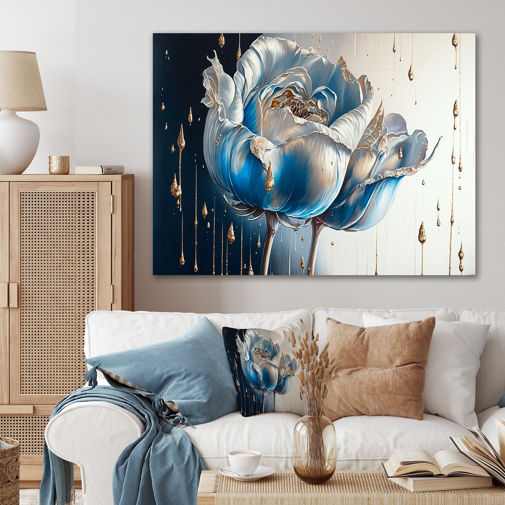 Designart Ice Blue And Gold Paint Drip Tulip I Canvas Wall Art