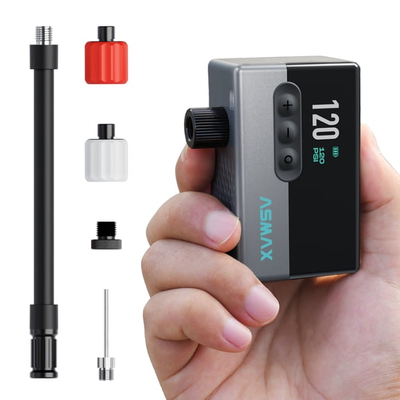 ASMAX T30 Electric Mini Bicycle Tire Pump, 16s Fast Inflate with Gauge, Presta/Schrader Valves for Road Bikes, MTBs, E-Bikes & Balls (Max 120PSI)