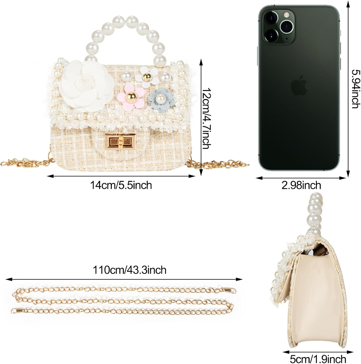 TYMZDYN Little Girls Toddler Crossbody Purse with Pearl Flowers Mini Cute Princess Handbags Shoulder Chain Bag