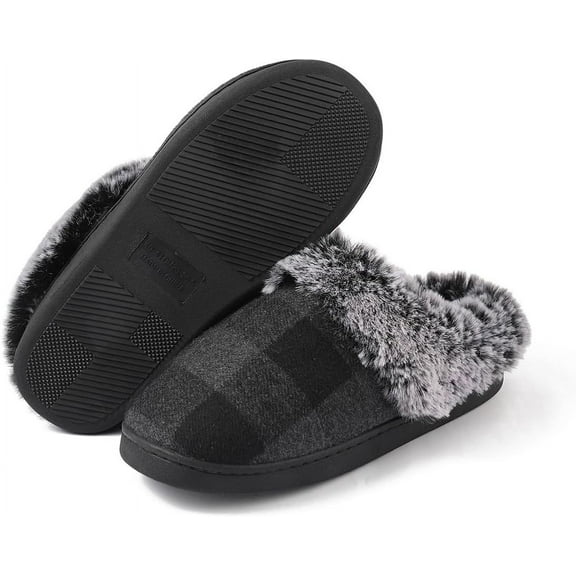 House Slippers for Woman Men, womens slippers on House Shoes Cozy Memory Foam Scuff plaid slippers with Fuzzy Faux Fur Comfortable Non-Slip Warm Fuzzy Checkered Slippers Indoor outdoor