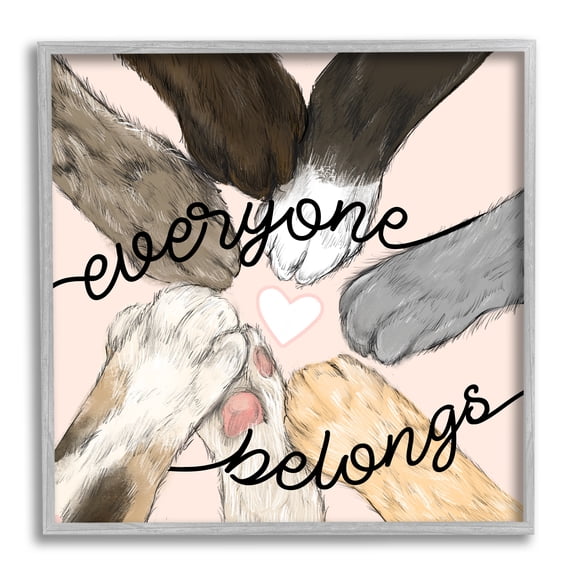 Stupell Industries Everyone Belongs Inclusivity Phrase Pet Cat Paws Novelty Painting Gray Framed Art Print Wall Art, 12 x 12, Design by Daphne Polselli