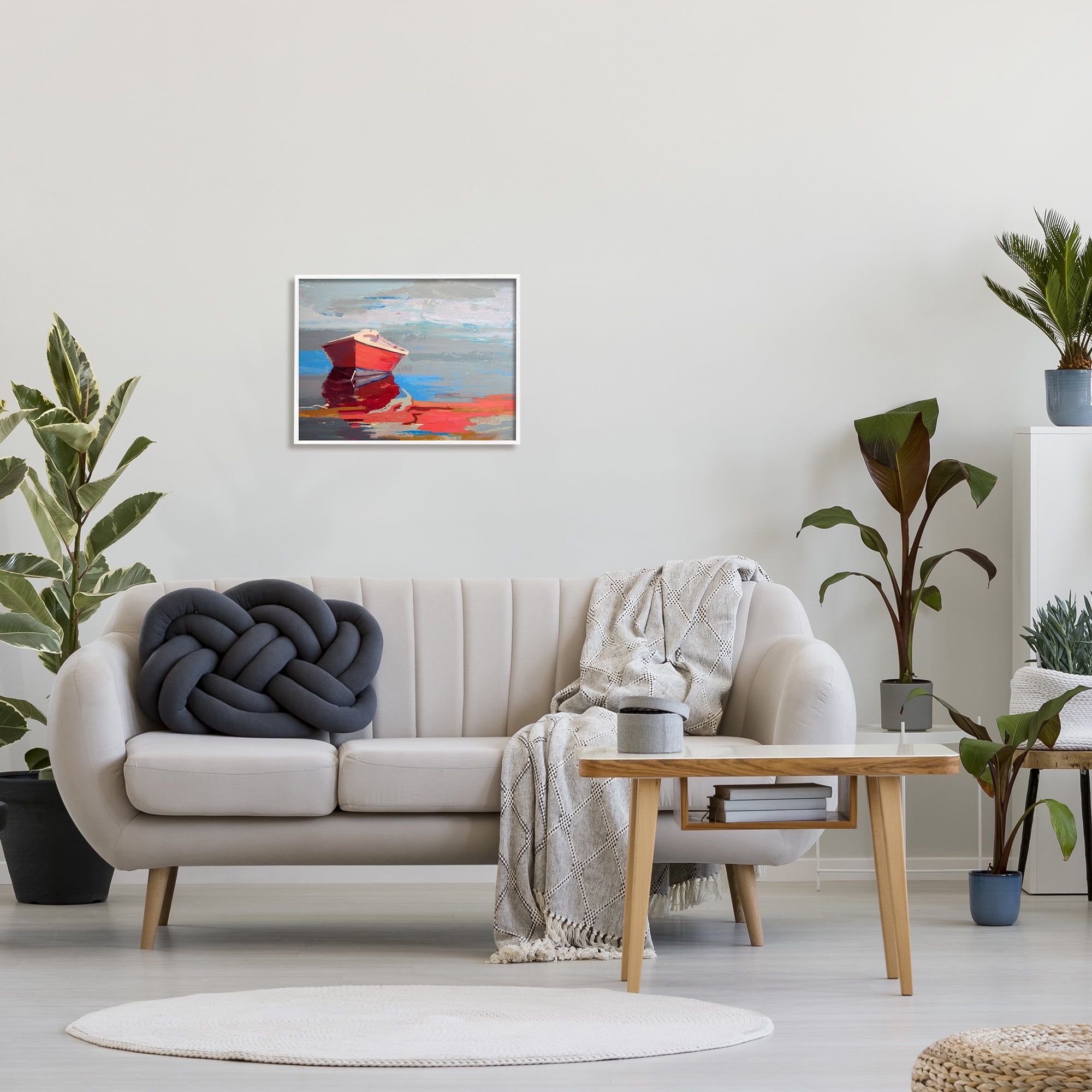 Stupell Industries Red Row Boat Reflection on Lake Water Abstract Abstract Painting White Framed Art Print Wall Art, 16 x 20