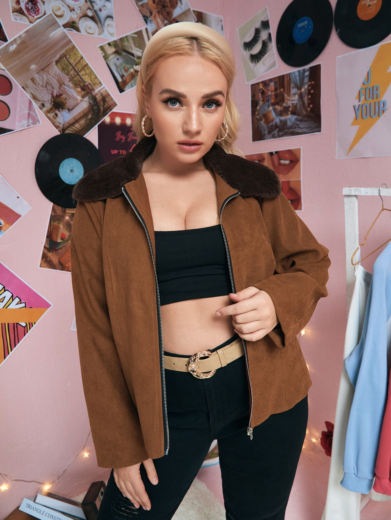 Women's Plus Borg Collar Zip up Suede 