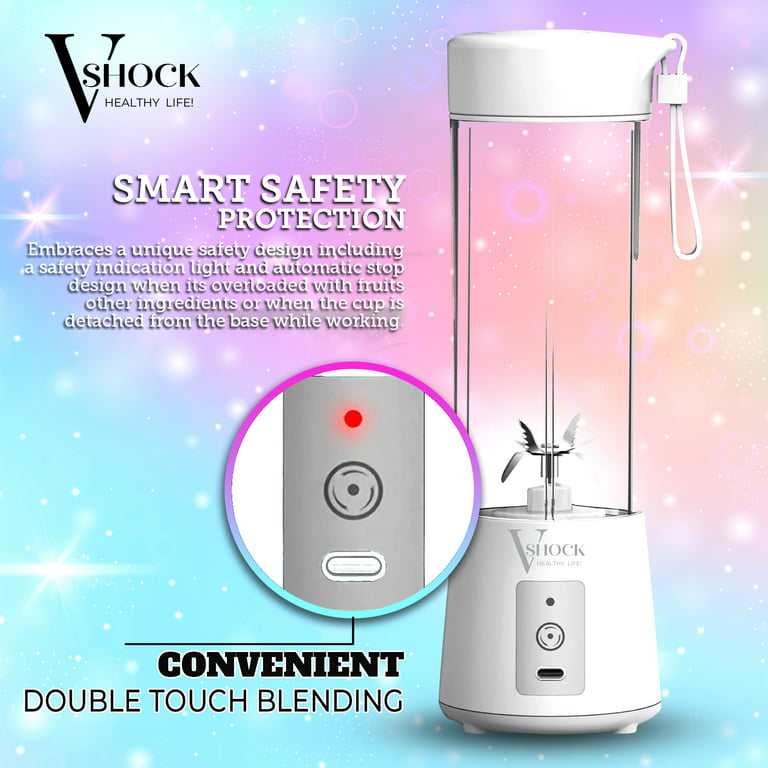 V-Shock. Healthy Life! Mini Cordless Portable Personal Blender for Shakes  and Smoothies, USB Rechargeable, 16 oz. Jar with Leakproof Travel Lid, 6