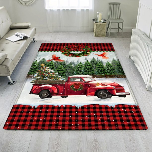 Rectangle Area Rug For Living Room, Bedroom, Christmas Rug Red Truck Christmas Cardinal Rug