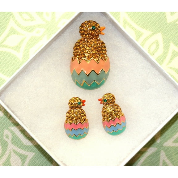Just Love Jewels Easter Chick Rhinestone and Enamel Earrings Set, Includes Brooch Pin and Stud Earrings