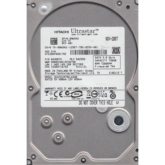 HUA721075KLA330, PN 0A36072, MLC BA2526, Hitachi 750GB SATA 3.5 Hard Drive
