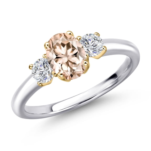 Gem Stone King 10K Two Tone Gold Peach Morganite and Lab Grown Diamond Engagement Ring for Women | 0.99 Cttw | Oval 7X5MM | Gemstone October Birthstone | Size 8