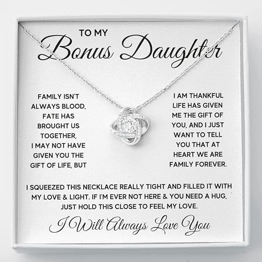 Christmas Gift for Step Daughter from Step Father, Love Knot Necklace for Unbiological Daughter with Message Card and Gift Box, Bonus Daughter Necklace Birthday Graduation