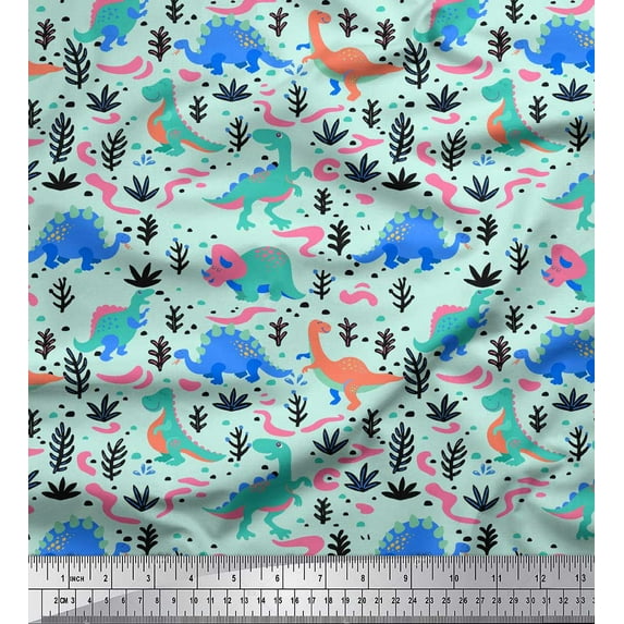 Soimoi Green polyester Crepe Fabric Dinosaurs & Leaves Kids Print Fabric by Yard 42 Inch Wide