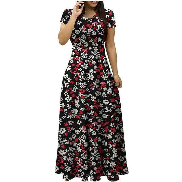 Cinvoph Robe Maxi pour Femmes, Col Rond, Courte, Sans Manches, Robe T-Shirt à Imprimé Graphique, Été, Décontractée, Taille Haute, Robe Florale