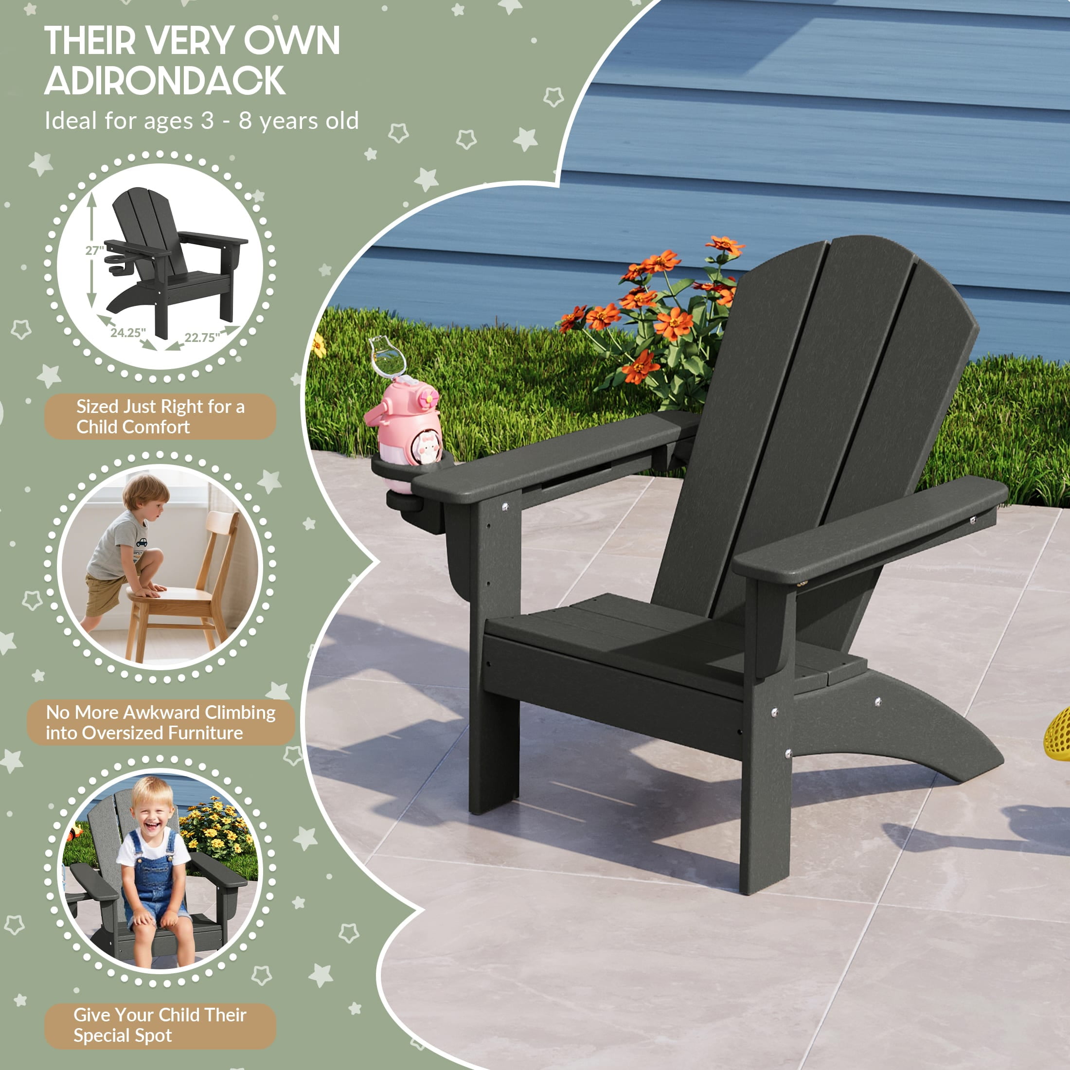 WestinTrends Malibu 3-Piece Kids HDPE Adirondack Chairs Set with Square Side Table and Cup Holders, Gray