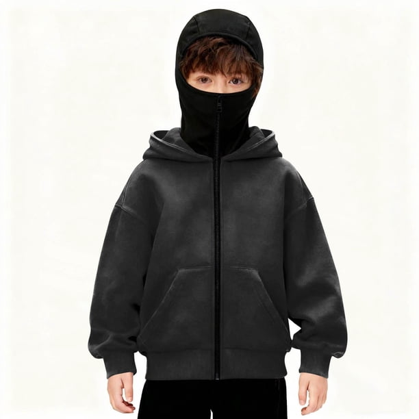 Chaqueta deportiva de invierno de color liso para niños, de manga larga, con capucha, informal, con cremallera y bolsillos, de poliéster
