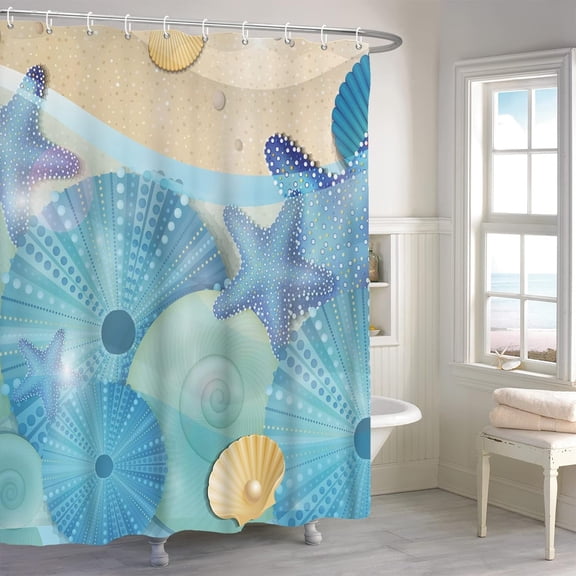 Ocean Beach Shower Curtain, Sea Starfish Conch Seashell Bathroom Curtain, Tropical Ocean Theme Shower Curtain Set with 12 Hooks for Bathroom 72Wx84L