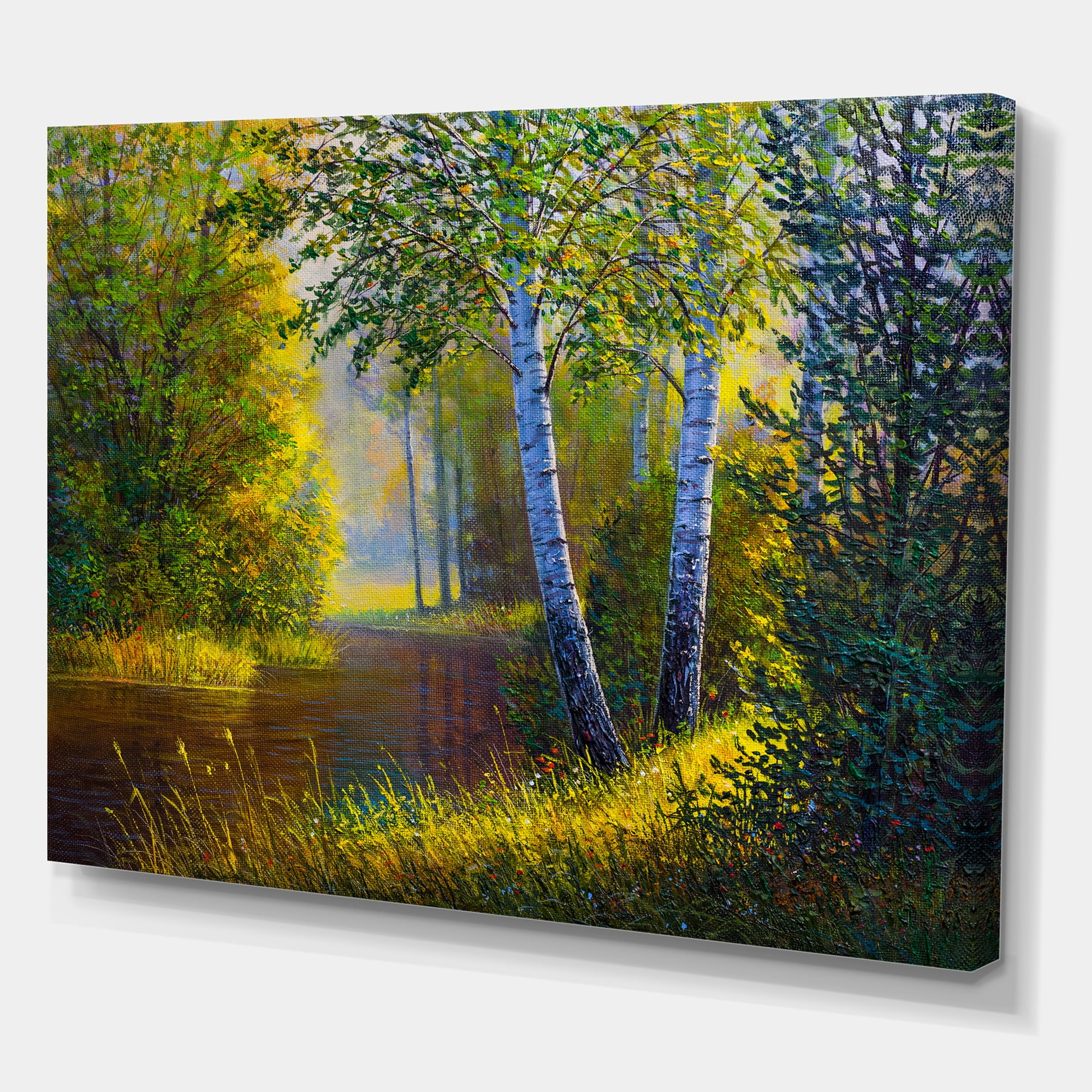 Designart ' Sunrise Glow Through The Birches II ' Lake House Canvas Wall Art Print