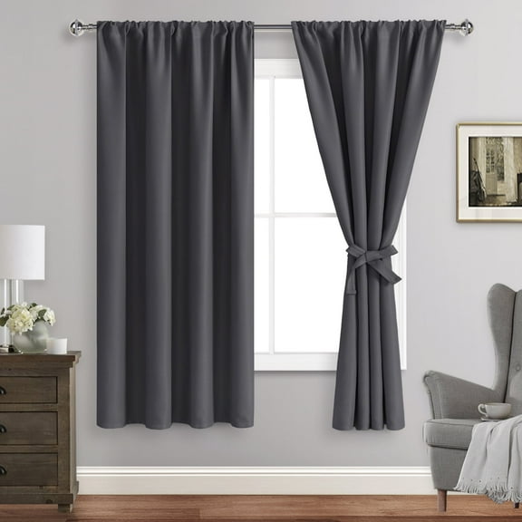JIUZHEN Blackout Curtains for Bedroom - Thermal Insulated Room Darkening Rod Pocket Curtains for Living Room, Set of 2 Panels with Tiebacks, 42 x 63 Inch Length, Dark Grey