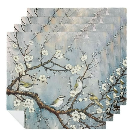 

Facannap Birds Tree Branch White Flowers Cloth Napkins Polyester Gift Reusable Machine Washable Fabric for Events 6 PCS