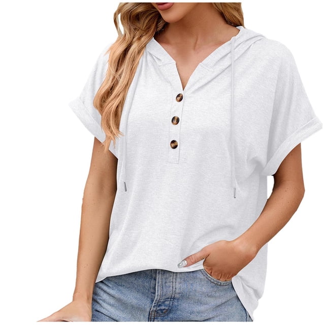 Timegard Womens Summer Tops V-Neck Button Short Sleeve Drawstring Sweatshirts Casual Loose Workout Tops