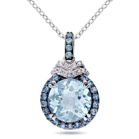 AMOUR 4 3/4 CT TGW Sky and London Blue Topaz and Diamond Halo Pendant with Chain In Sterling Silver with Black Rhodium