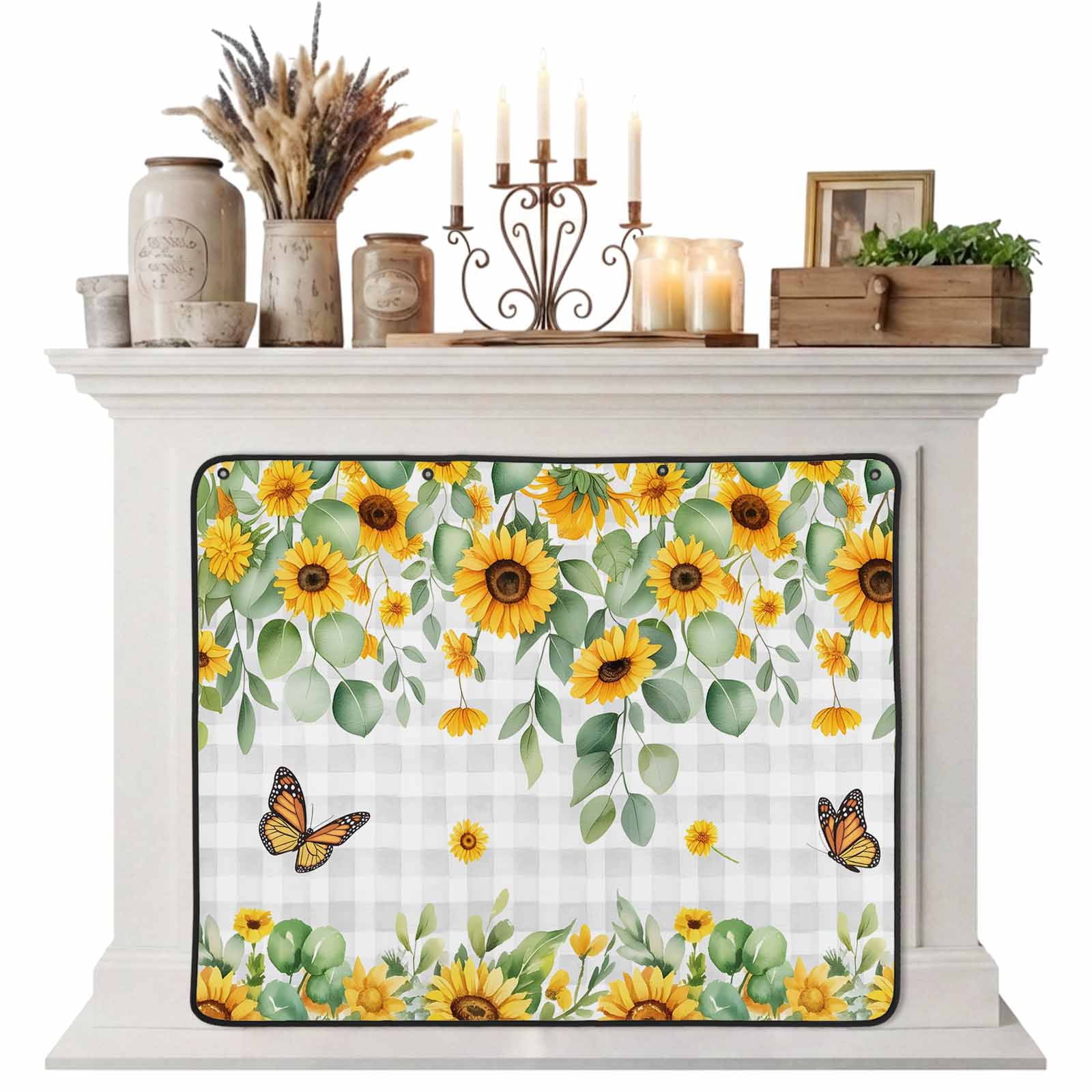 Magnetic Fireplace Cover Sunflower Fireplace Screen Butterfly Farmhouse Floral Green Leaves Grey Plaid Insulation Fireplace Blocker Save Energy Fireplace Draft Stopper Covers for Living Room 36x30