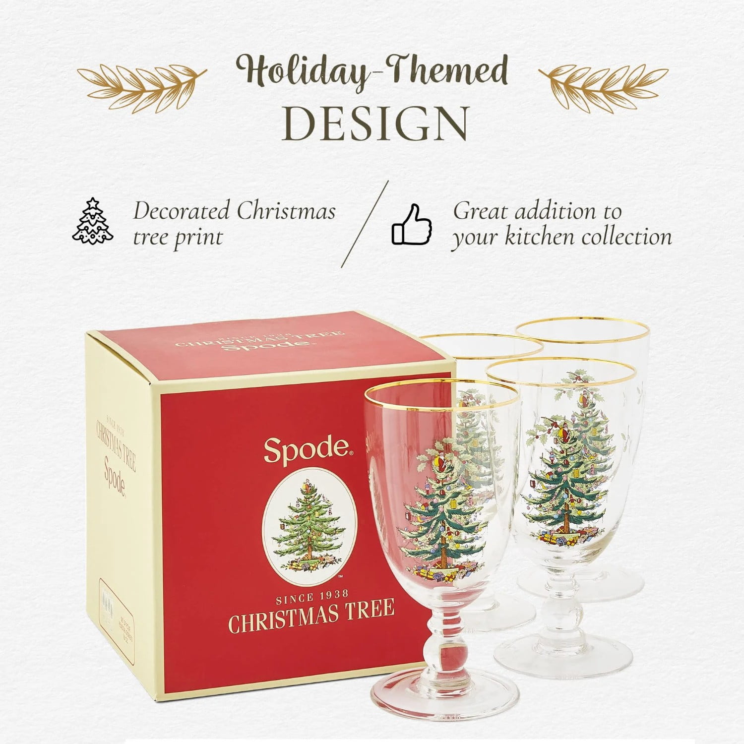 Spode Christmas Tree Gold 16oz Pedestal Goblets (Set of 4) - Gold Rimmed Glasses, Festive Holiday Drinkware for Christmas Dinner, Wedding Gifts - Holiday Glassware for Wine, Cocktails & Martinis
