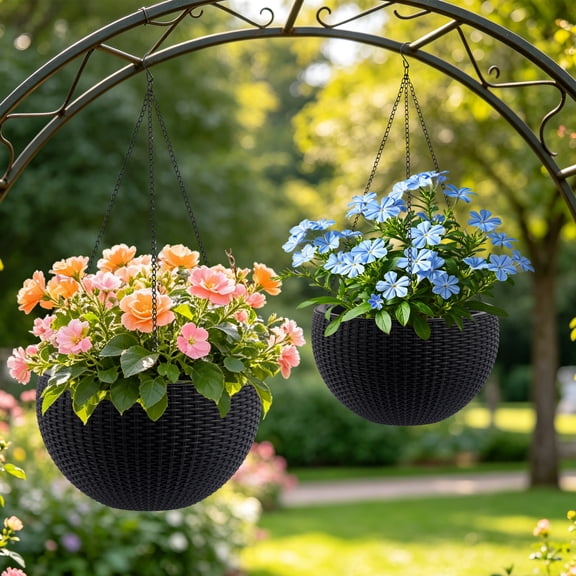 2 Pack Hanging Planters for Indoor Outdoor Plants,13.4 inch Self-Watering Hanging Rattan-Inspired Planter Large Capacity with Water Level Indicator for Home,Garden Decor,Black
