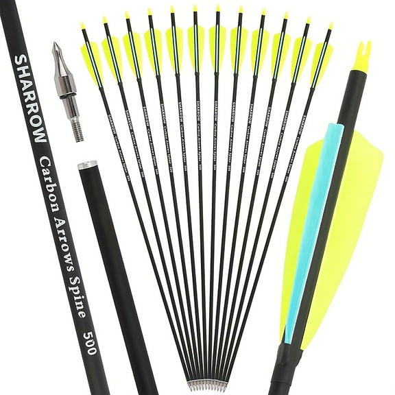 12pcs 4" Fluorescent Yellow Feather Carbon Fiber Arrow Shafts, 31" Total Length, 500 Spine - Durable & Vibrant for Outdoor Hunting and Archery, Hunting Accessories