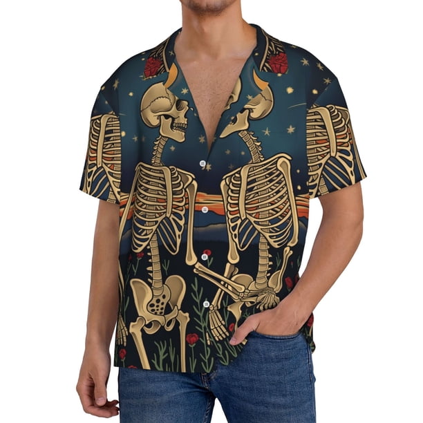 Fotbe Romantic Skeletons Under Moon Camisa Estampada de Manga Corta para Hombre, Casual de Verano, Estilo Playero, Sin Arrugas-4X-Large