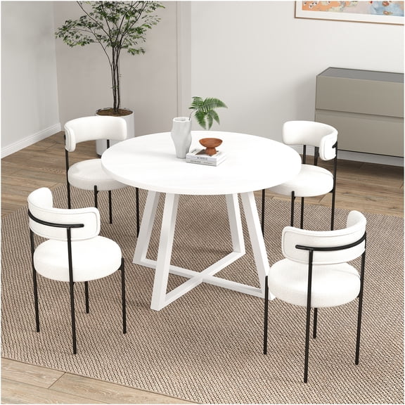 JERFIT 5-Piece White Round Dining Set with Trestle Table and 4 Boucle Fabric Chairs for Modern Dining Room