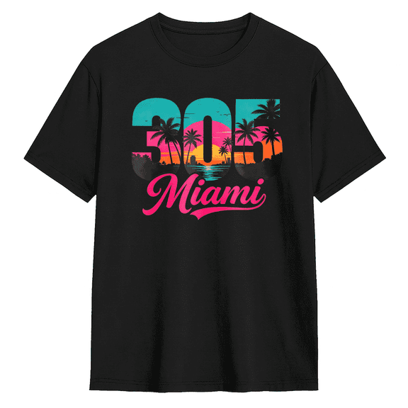 305 Miami Sunset Neon Palm Trees Graphic Tee for Men and Women, Retro 80s Summer Vibe Cotton Short Sleeve T Shirt