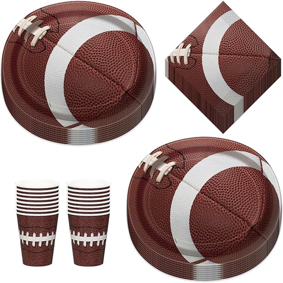 Football Party Game Ball Oval Paper Dinner Plates, Luncheon Napkins, and Beverage Cups (16 Plates, Napkins, & Cups)