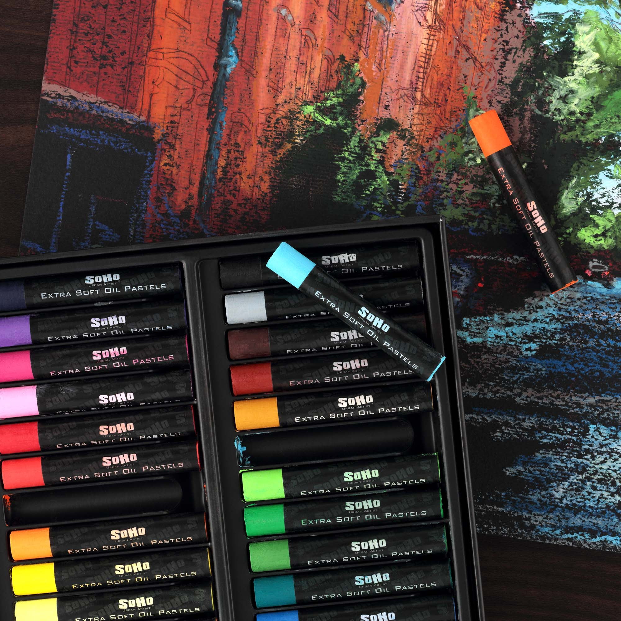 SoHo Urban Artist Extra Soft Oil Pastels Set of 24 & 9x12 Oil Pastel Pad Bundle – 20-Sheet Textured Paper for Blending, Layering & Drawing – Smooth, Pigmented Pastels & Acid-Free Sketchbook