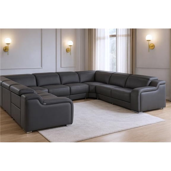 HomeRoots 632574 Dark Gray Italian Leather Power Reclining U Shaped 8 Piece Corner Sectional with Console