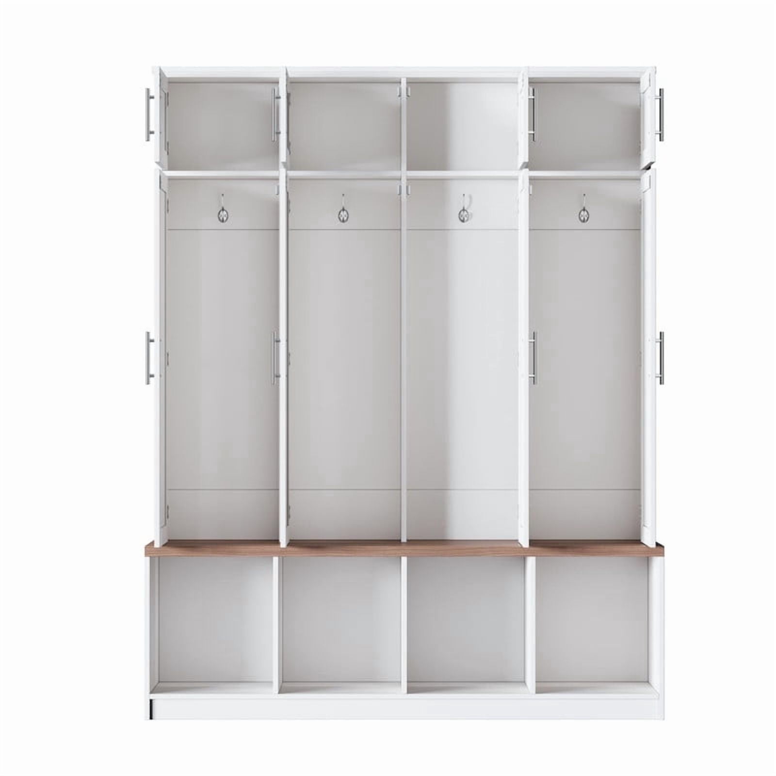 Farmhouse Hall Tree with 4 Hidden Hanging Hooks, Versatile Seating Bench with Open Compartment, Entryway Coat Rack with 8 Doors for Living Room