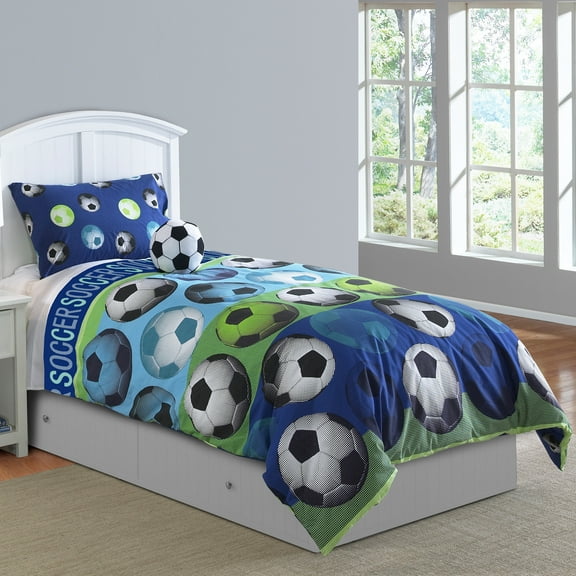 Riverbrook Home 3 Piece Comforter Set, Twin, Blue/White, Soccer League, Polyfill